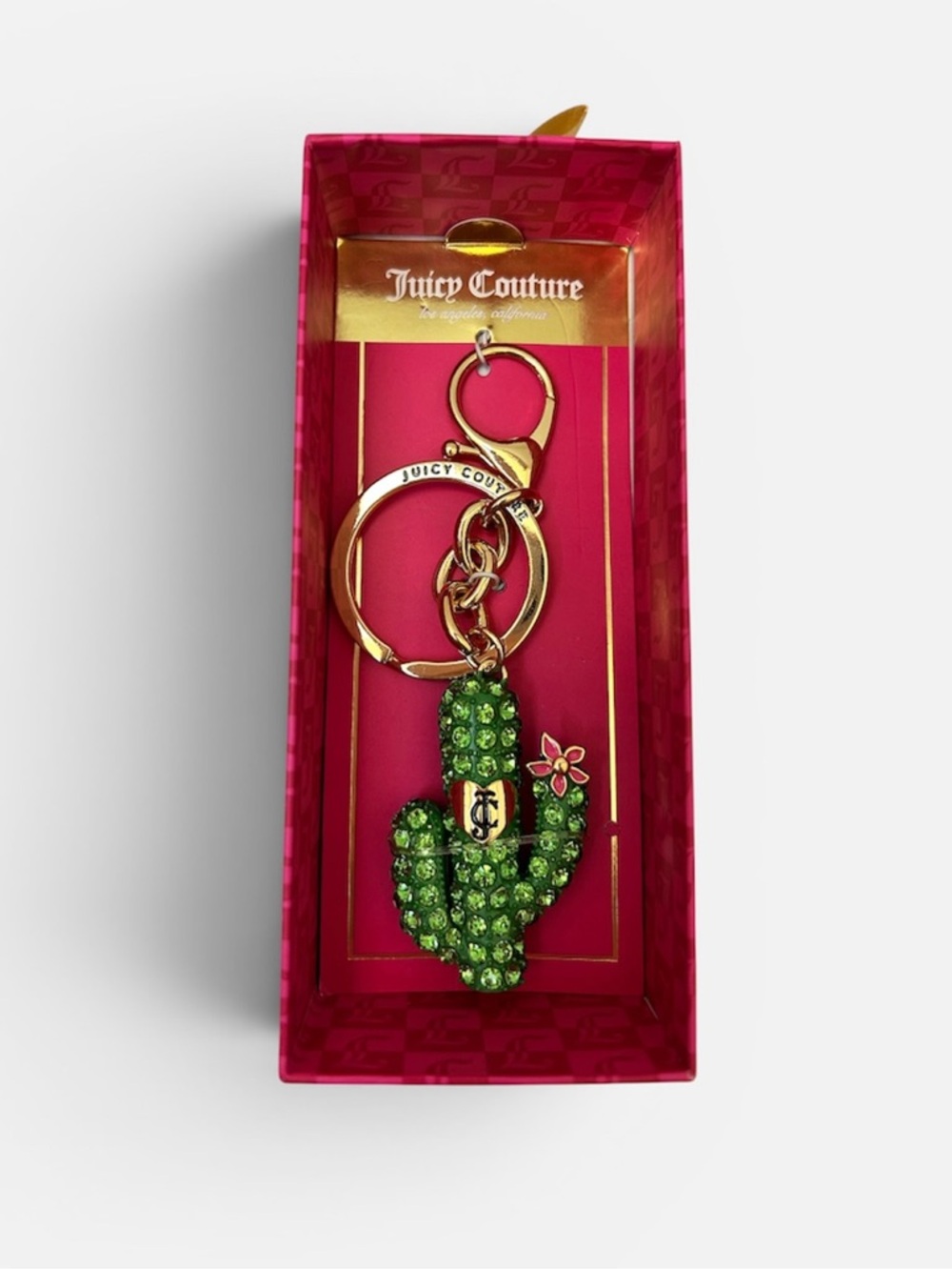 Juicy Couture Cactus Bag Charm Keychain Green Gold-tone Flower Bling Y2K